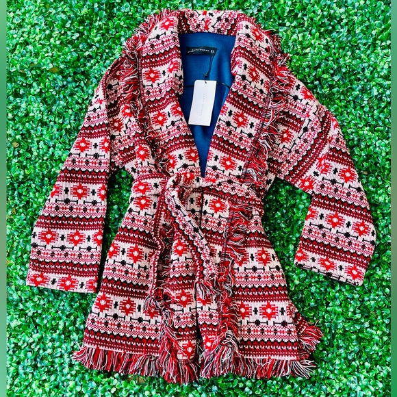NWTZara Woman XS Tribal Print Navajo Jacquard Aztec Cardigan Sweater Coat Jacket - Picture 2 of 15